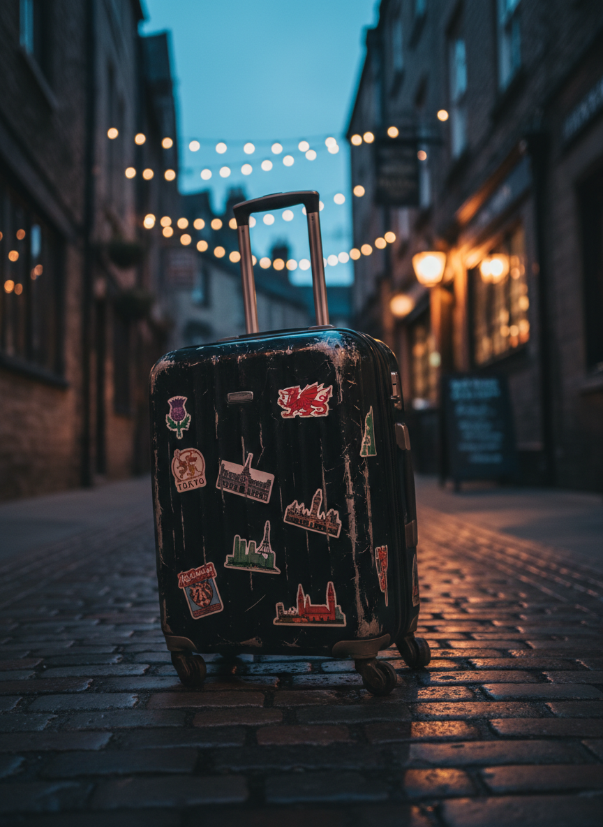 A compact, well-loved carry-on suitcase stands alone on a narrow stone street in a historic UK town, its hard-shell surface covered in a mix of colorful destination stickers including tiny symbols for Scotland, Wales, and far-flung cities abroad. The suitcase handle is extended, leaning slightly as if its owner has just stepped away to explore. Cobblestones glisten faintly from a recent drizzle, reflecting the warm glow of nearby pub windows and a string of fairy lights overhead. Twilight blue hour lighting infuses the scene with a magical, almost mischievous atmosphere. Shot from a low-angle perspective in photographic realism, with the suitcase in sharp focus and the charming architecture softly blurred, the composition suggests a playful, independent traveler mid-adventure.