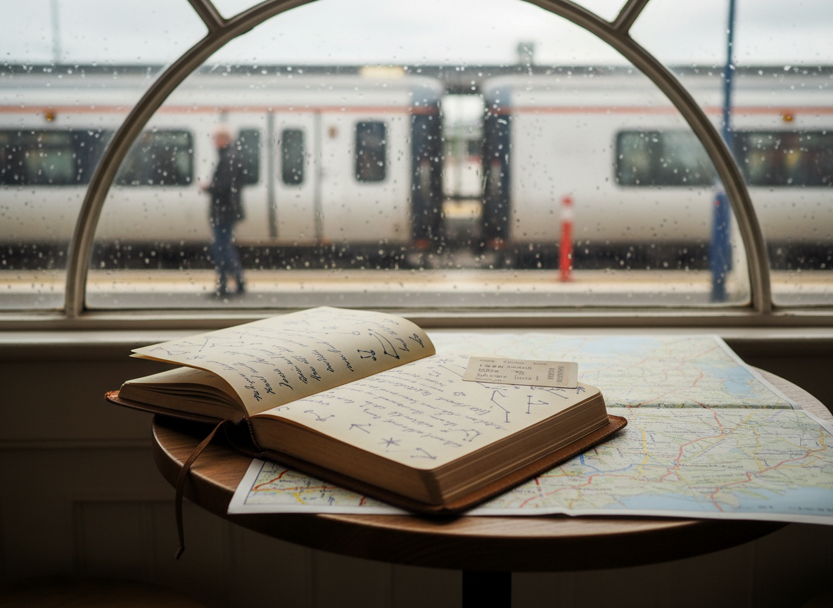 A well-worn brown leather travel journal lies open on a small wooden bistro table beside a large train station window, pages filled with looping handwritten notes and tiny doodles of constellations and arrows. Next to it, a folded map of the UK is spread out, colorful routes highlighted, and a single train ticket peeks from between the pages. Outside the slightly rain-speckled glass, a blurred platform and a waiting train suggest motion and possibility. Soft overcast daylight filters in, creating gentle reflections on the glass and subtle shadows on the table. Photographic realism, eye-level composition with shallow depth of field keeps the journal and map in crisp focus, capturing a playful yet introspective mood of solo travel and new beginnings.