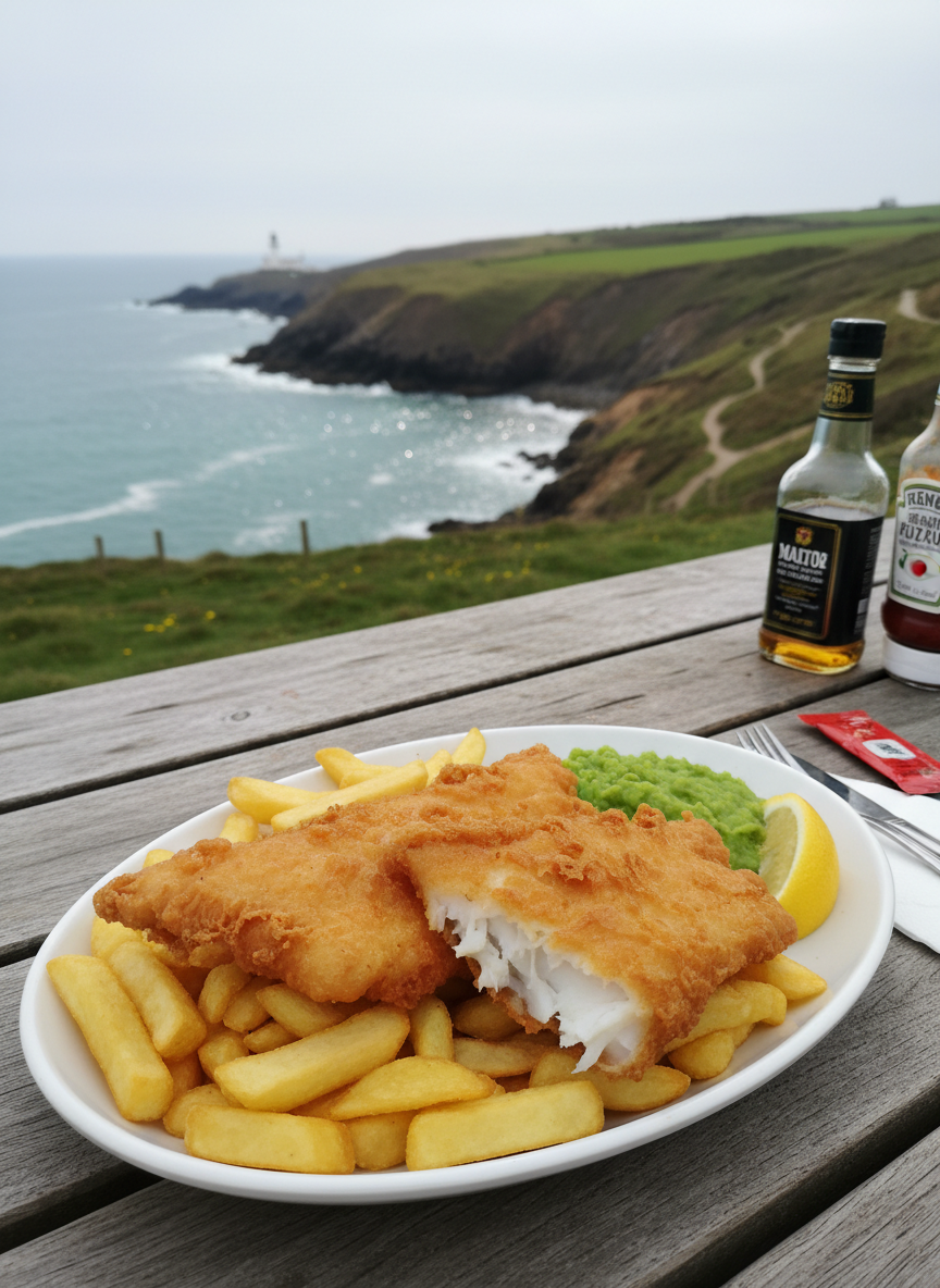 A steaming plate of freshly battered fish and chunky golden chips sits on a rustic wooden picnic table overlooking a dramatic UK coastline. The fish’s crisp texture and flaky white interior are clearly visible where a bite has been taken, with a dollop of mushy peas and a lemon wedge adding bright color. In the background, blurred cliffs, a winding coastal path, and a distant lighthouse suggest an afternoon hike reward. Soft, diffused seaside light under a slightly overcast sky casts gentle, even illumination, with a faint glimmer on the sea. Photographic realism, captured at eye level with a shallow depth of field, keeps the food in sharp focus while the landscape fades into a playful, wanderlust-inducing bokeh, evoking authentic travel and honest food reviews.