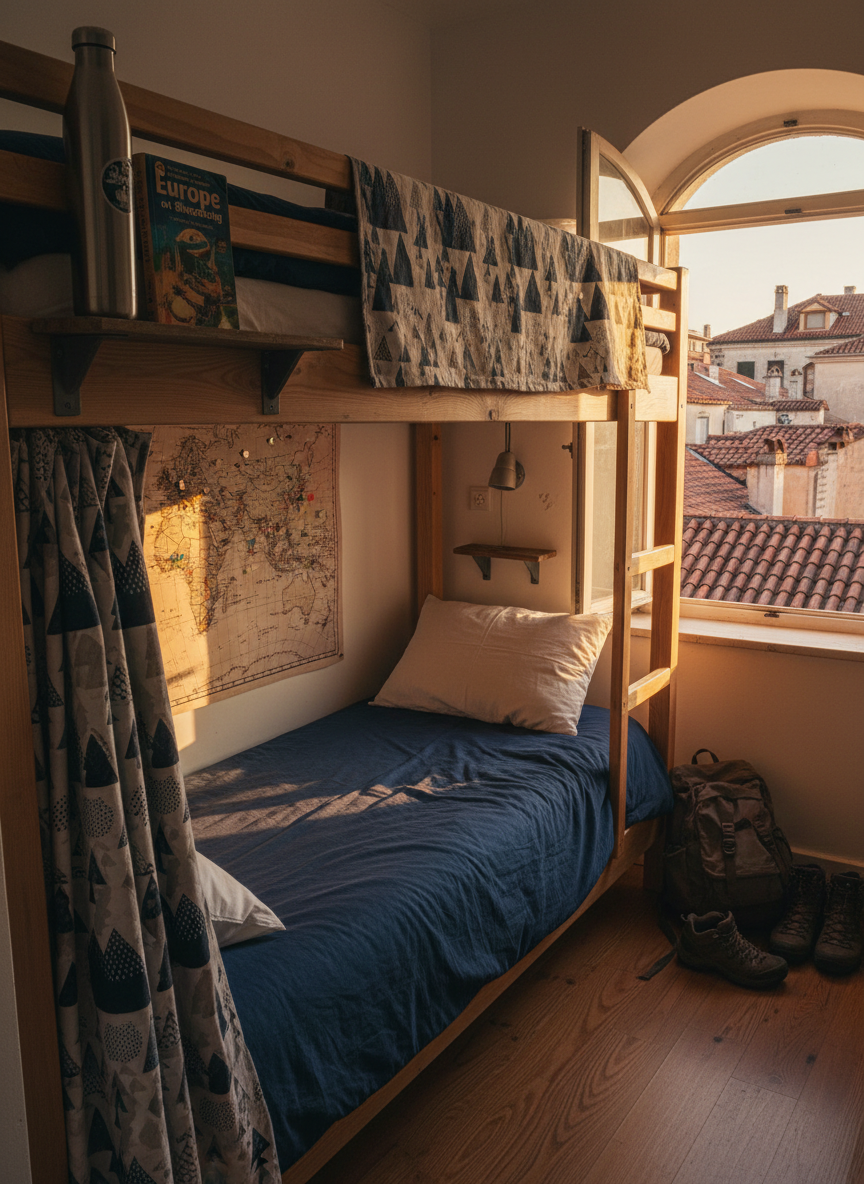 A cozy, sunlit hostel bunk corner in photographic realism, featuring a neatly made single bed with a navy duvet, a small wooden shelf holding a guidebook and reusable water bottle, and a curtain partially drawn for privacy. A world map print with colorful pins marking visited places decorates the wall, while a small window reveals the rooftops of an unfamiliar European city beyond. Late afternoon golden light spills in, casting warm patterns on the bedding and creating soft shadows along the wall. Shot from a slightly elevated angle, the composition uses the rule of thirds, with sharp focus on the details of the compact, lived-in space. The atmosphere feels adventurous yet safe, capturing the playful thrill of budget solo travel and accommodation discovery.